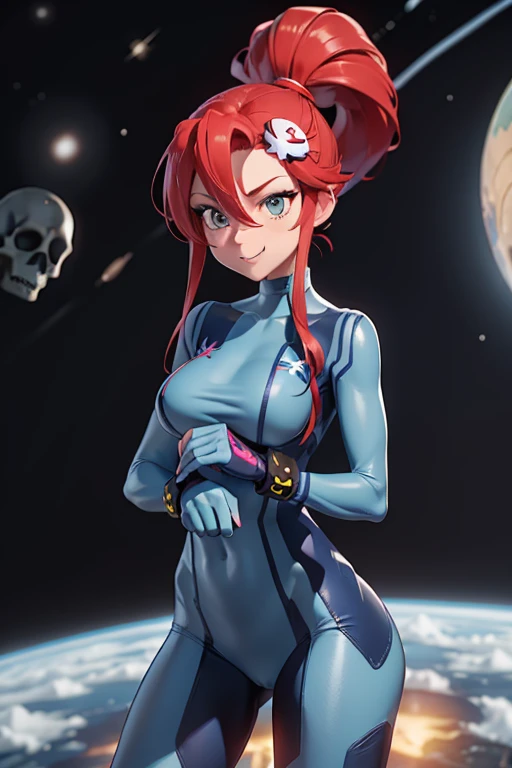 masterpiece, high quality, extremely detailed, 1girl, mature female, solo, Yoko Littner dressed up as Zero Suit Samus, large breasts, hair between eyes, hair ornament, high ponytail, long hair, red hair, sidelocks, skull hair ornament, zero suit, blue gloves, thrilled expression on face, standing, holding a blaster, upper body, outer space, space environment