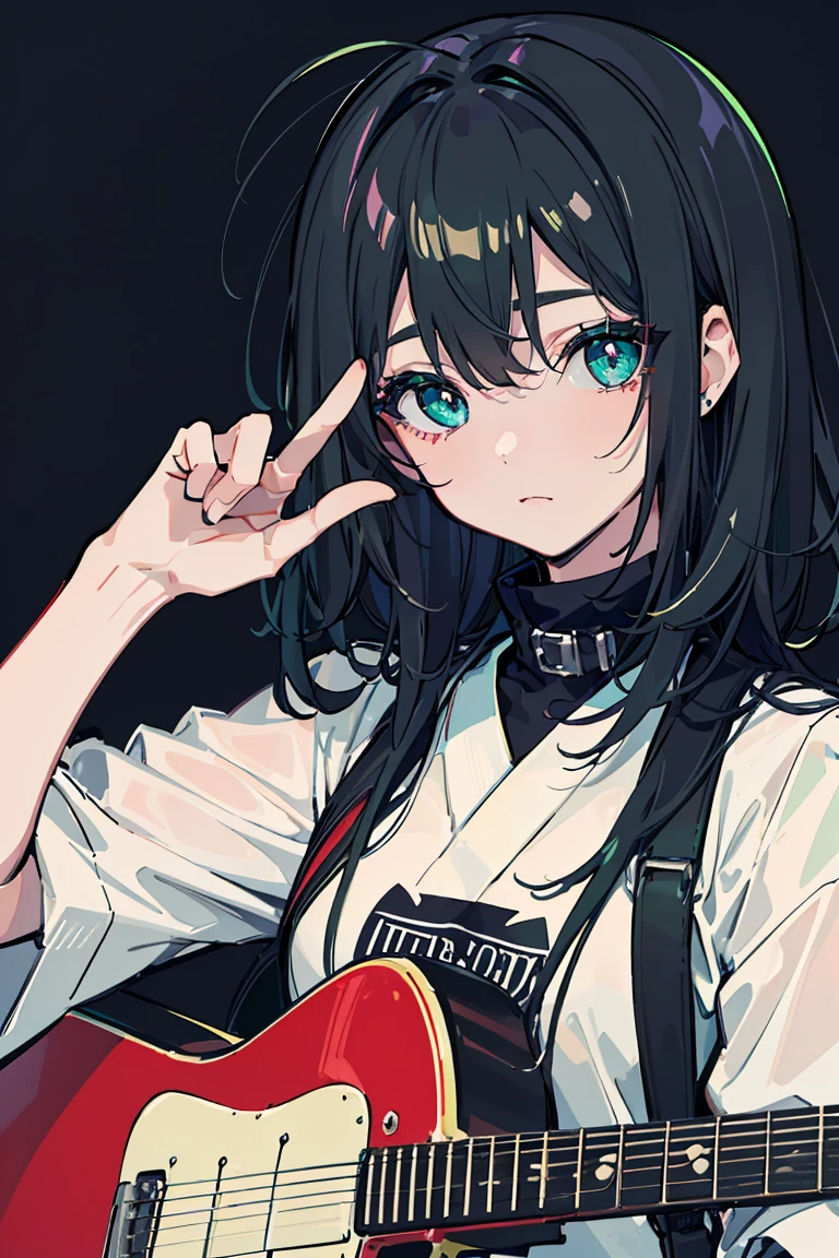 ((1 girl)), punk, Dark circles in the eyes, Untidy face, peace sign, metal rock, sit, guitar, Cowboy Shot,((Very detailed,highest quality, High resolution, fell, Sloppy, Lazy and slothful,Apathy, 8k wallpaper, Beautiful clothes,)),((Black Hair, Matte green accent color, Shortcuts,Diagonal bangs, Messy Hair)), Sharp eyes, eye shadow, eyeliner,Glow Eye, Very detailedな目, Beautiful Eyes, ((Shining Eyes)), 18-year-old girl,Five Fingers