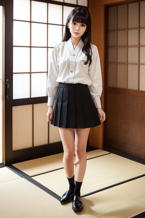 Japanese-style house　tatami　indoor　Black Loafers　Uniform Mini Skirt　Beauty　upright