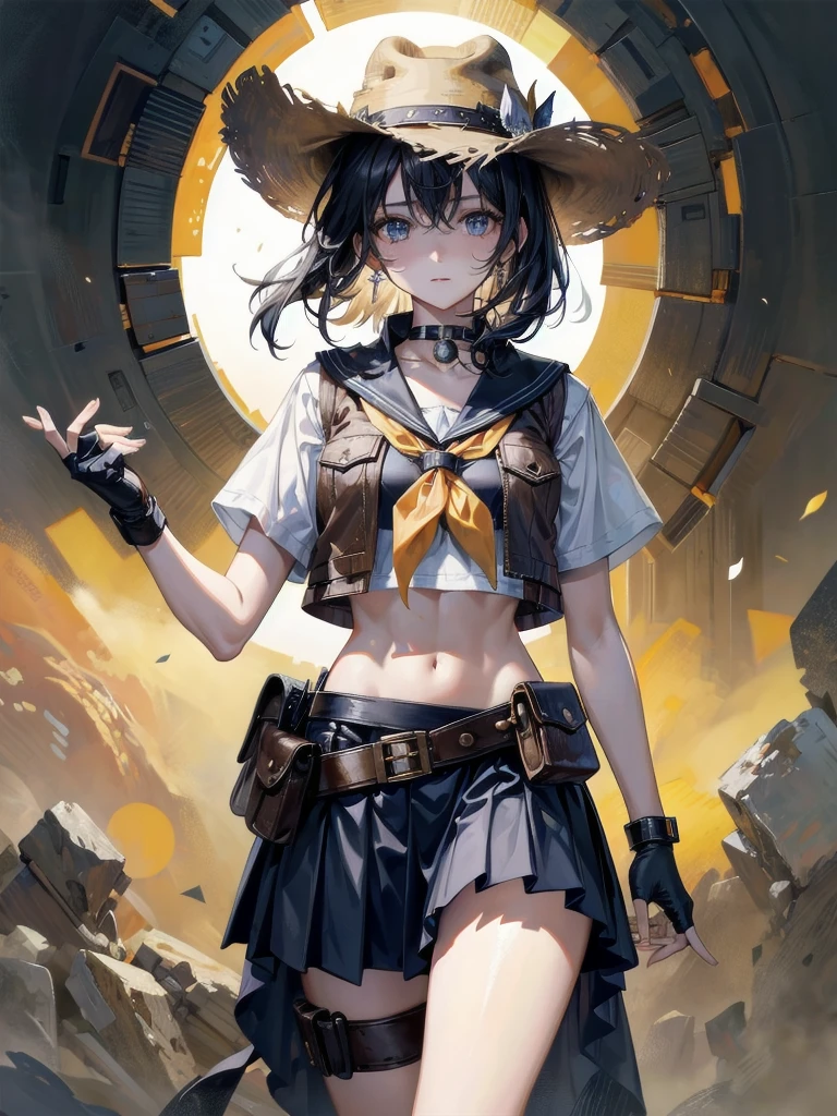 cowgirl costume, vest, cowboy hat, fingerless gloves, midriff, neckerchief, short skirt, holster, absurdres, RAW photo, extremely delicate and beautiful, masterpiece, Best Quality, ultra high resolution, 32k, hyperrealistic, ultra-detailed, perfect figure, tearful mole, earring, whole body shot, short medium hair, wavy hair,
