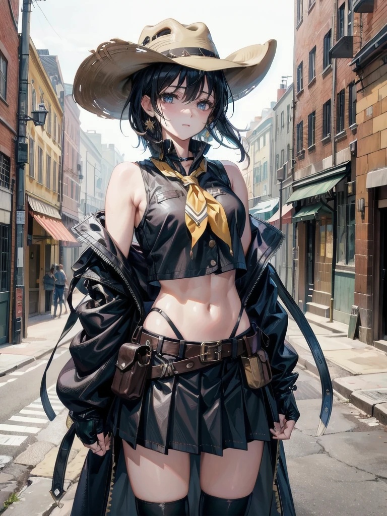 cowgirl costume, vest, cowboy hat, fingerless gloves, midriff, neckerchief, short skirt, holster, absurdres, RAW photo, extremely delicate and beautiful, masterpiece, Best Quality, ultra high resolution, 32k, hyperrealistic, ultra-detailed, perfect figure, tearful mole, earring, whole body shot, short medium hair, wavy hair,