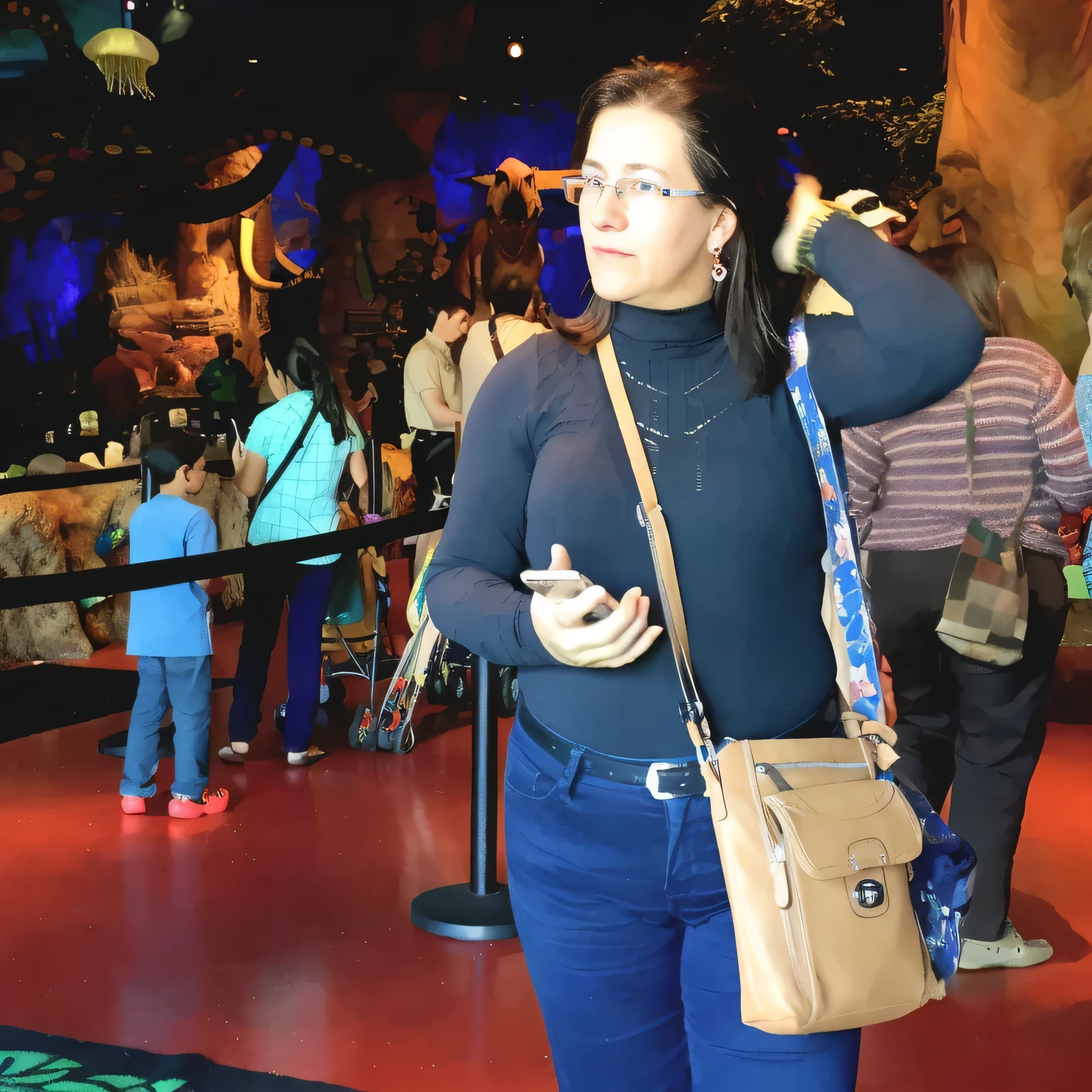 woman in blue jeans and a black turtle neck shirt holding a tan purse, wax figure, candid shot, full-figure, so i advised her to get in line, photo taken in 2 0 2 0, over-shoulder shot, mid 2 0's female, full body profile camera shot, close full body shot, over-the-shoulder shot, casually dressed