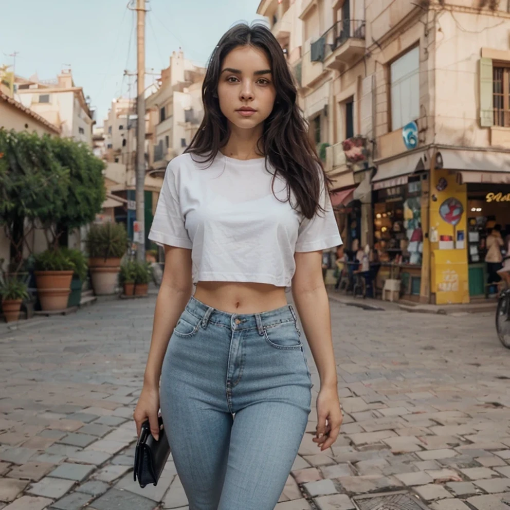 ultra realistic, very detailed face, very detailed skin and clothes, realistic photo of black hair female, nice skin, realistic skin, beautiful refined skin, real skin texture, black long hair, beautiful nose, masterpiece, high resolution, 19 years old, , hip cocked, sunny day, bitchy look, cute face, cute pose, blue eyes, ultra realistic face, perfect nose, perfect eyebrows, perfect lips, perfect jaw line, posing in Barcelona beach, wearing tight jeans and crop white T shirt, standing from a 5 meters away and looking at the camera, sexy pose, slim waist, very sunny day