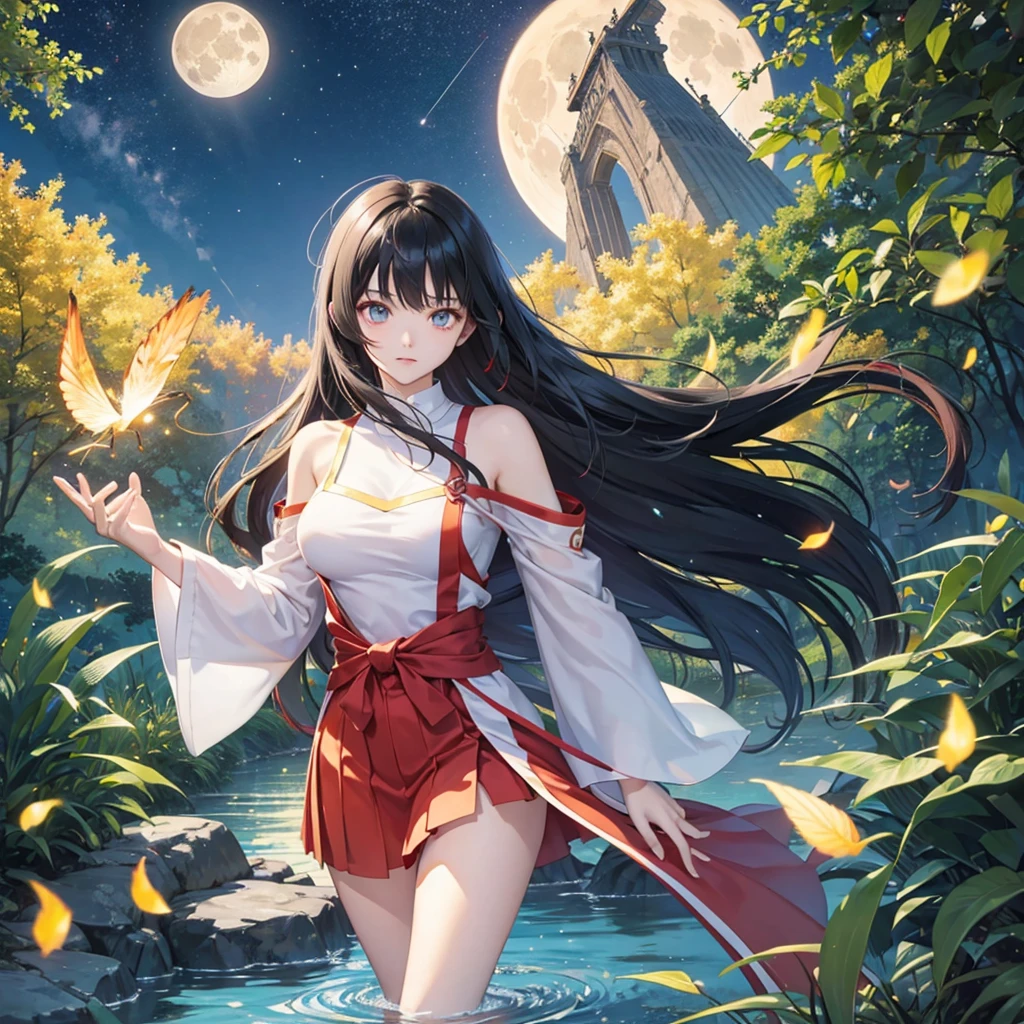 anime、Vibrant colors、Cool beauty、************、Black Hair、Long Hair、Straight Hair、The bangs are cut above the eyebrows、Narrow eyes、Slanted Eyes、Bright eyes、Sharp Eyes、Sparkling eyes、Large Breasts、Night Sky、full moon、Looking up at the sky、Miko costume、summer、forest、river、100 fireflies flying around