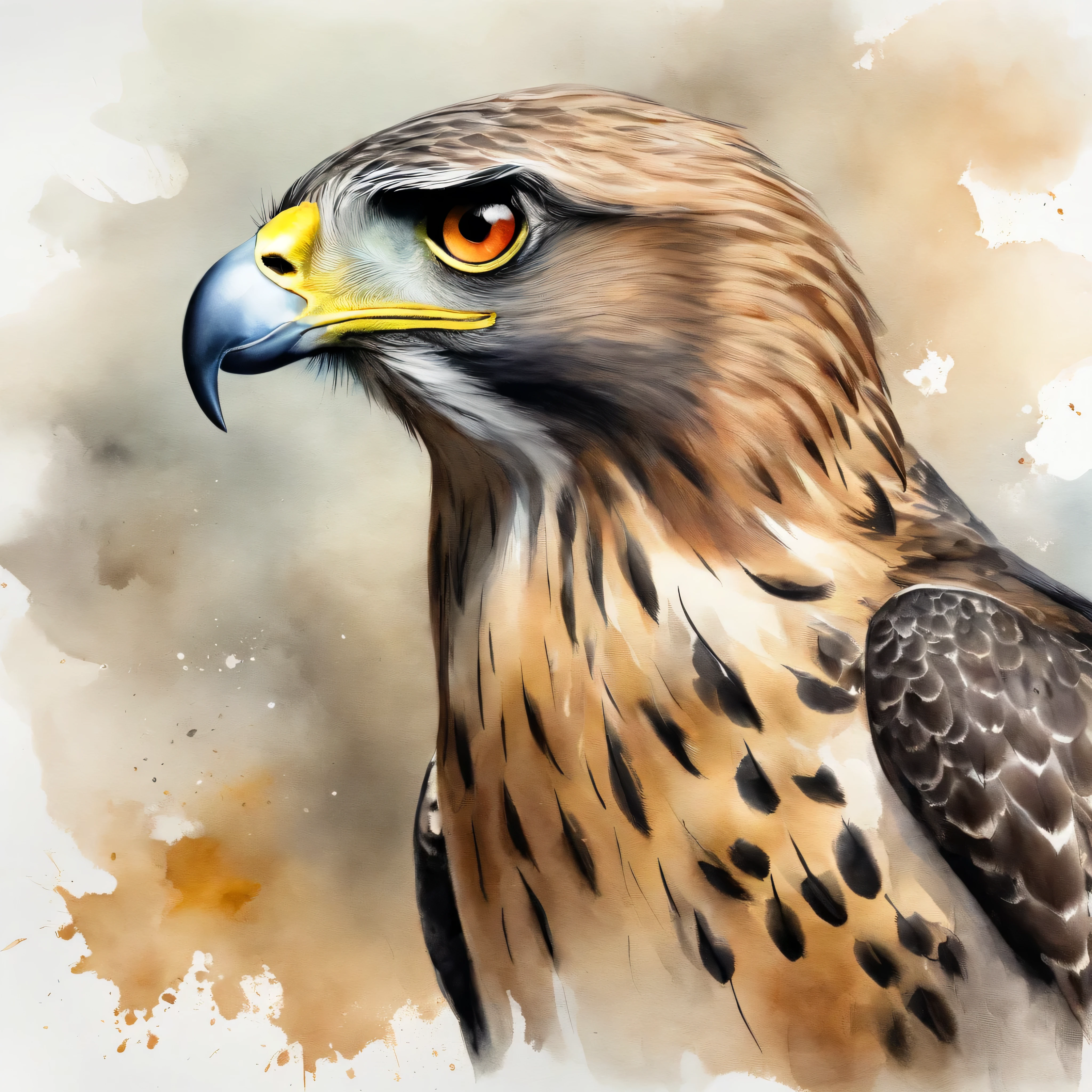 painting of a hawk with a red - tailed tail and yellow eyes, masterful detailed watercolor, watercolor painting style, beautiful painting of a tall, falcon bird face, watercolor detailed art, realistic watercolour, watercolour realistic, watercolor painting, art of alessandro pautasso, detailed watercolor painting, rich aquarel, animal portrait, animal painting, watercolor digital painting