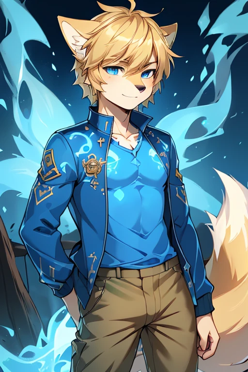 ( Absurdly , High quality , ultra detailed ) ,( hand detailed ) , 1boy, solo, teen, absurdres(highly detailed beautiful face and eyes)perfect anatomy, (Male yellow-gold wolf), (((lean-body))) ((thin body)) (fit), (dark-blue eyes, (adventure, fantasy type clothing ((red-shirt, blue jacket, khaki pants))) (lighter chest fur), intense eyes, small smile, controlling blue fire, dark blue fire, gold fur, gold hair, controlling blue flames, his hair is blond, his fur is blond