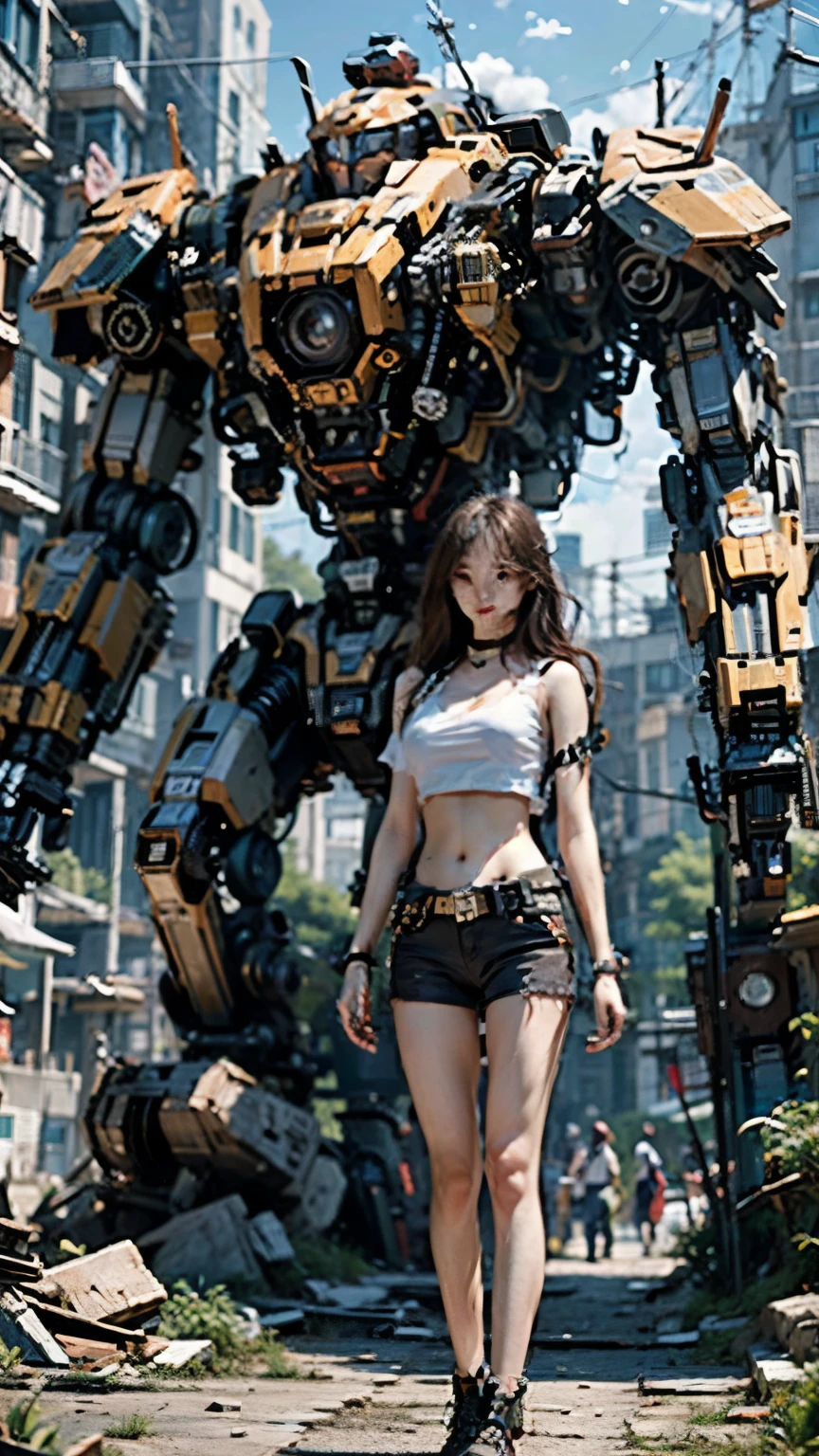 ((masterpiece, highest quality)),figure,Ultra-high definition 8K,Realistic,Sharp focus,Very detailed,Professional Lighting,Colorful details,Rainbow Light BREAK Extreme Long Shot of Factory,Construction of large mechanical robots,Microchip,computer,Shine,Intricate details,Shitmeka,A girl stands in front of an audience,belly button