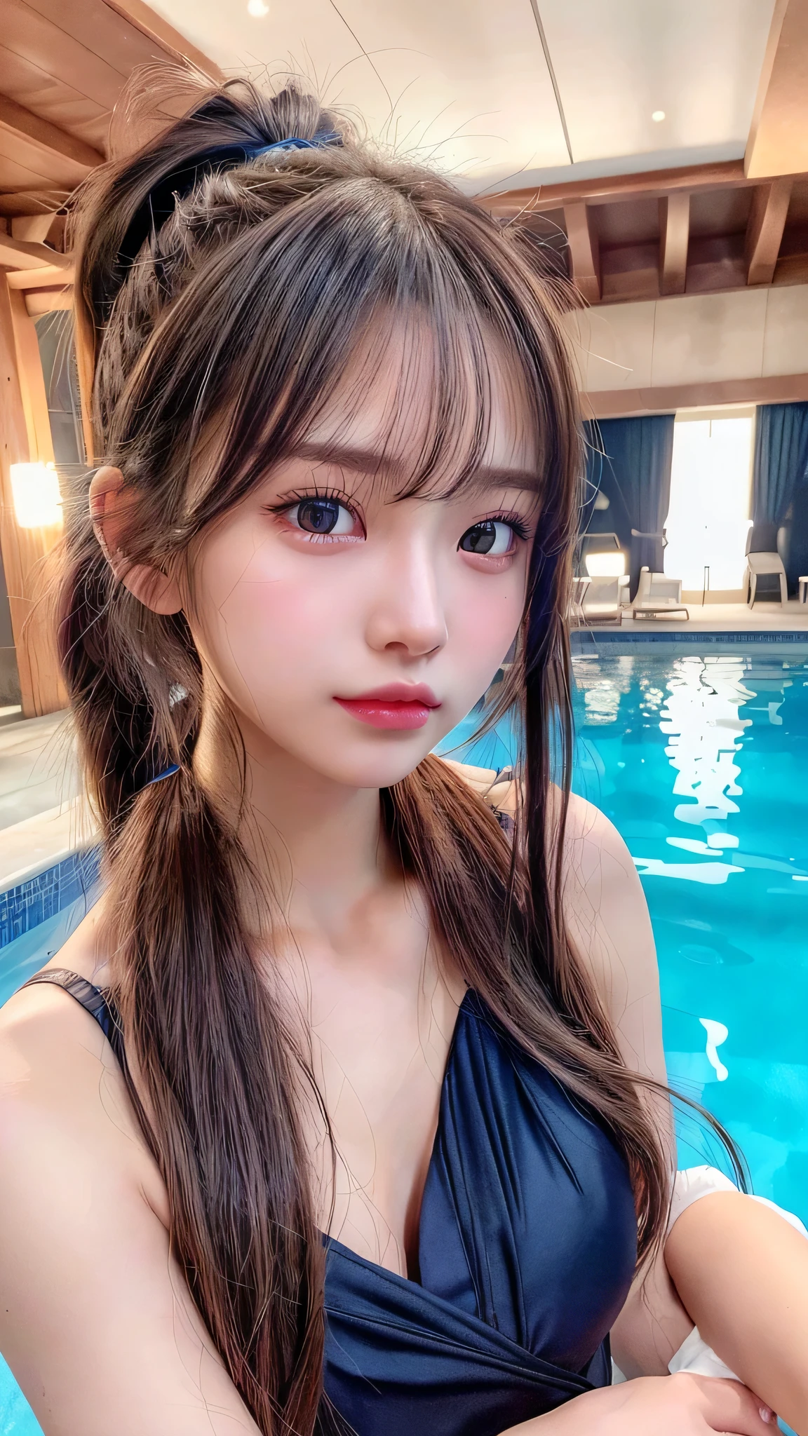 Outdoor,midnight,Very large pool,It's dark outside,Lit up with neon lights,school navy blue one-piece swimsuit,Blushing,Facing forward,Small breasts,s old,Long hair ponytail,((8K, Raw photo, Best Quality, Mastepiece:1.2), (Realism, Photorealistic:1.4), (Highly detailed 8k wallpaper), Depth of written boundary, Cinematic Lighting, Soft Light, Detailed Beauty Eye,Shiny and smooth light brown ponytail, Asymmetrical bangs, Shiny skin, Ultra-detailed skins ,It is high resolution., High detail, Detailed hairstyle, Detailed facial beauty, Hyper-realistic, Perfect limbs, Perfect Anatomy ,1 Japanese girl,Famous Japanese Idols, Perfect female body,A shy smile,Short eyelashes,Double-edged eyelids,Look straight here,Hair style: ponytail,