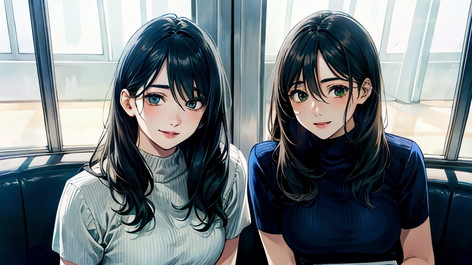 (masterpiece:1.3, highest quality, Ultra-high resolution, Super detailed), (Realistic, photoRealistic:1.4), Beautiful illustrations, Perfect lighting, Natural light, colorful, Depth of written boundary, 
View Viewer, whole body, Front view:0.6, 1 girl, 日Book語, office lady, 19 years old, Perfect Face, (Perfect Anatomy), Cute and symmetrical face, Baby Face, Shiny skin, , 
(Long Hair:1.7, Straight hair:1.2, Black Hair), Hair between the eyes, Emerald green eyes, Long Eyelashes, (Big Breasts:0.8), mini skirt,Bookを持っている,
Beautiful Hair, Beautiful Face, Beautiful fine details, Beautiful clavicle, Beautiful body, Beautiful breasts, Beautiful thighs, Beautiful feet, Beautiful fingers, 
((Short sleeve navy high neck sweater), ID card), 
(Beautiful views), Daytime, (Office Lounge),, (Smile, Half an eye, Lips parted),Bookを持っている,whole body,mini skirt,one person,whole body,Attractive legs,Book,Bookを読む