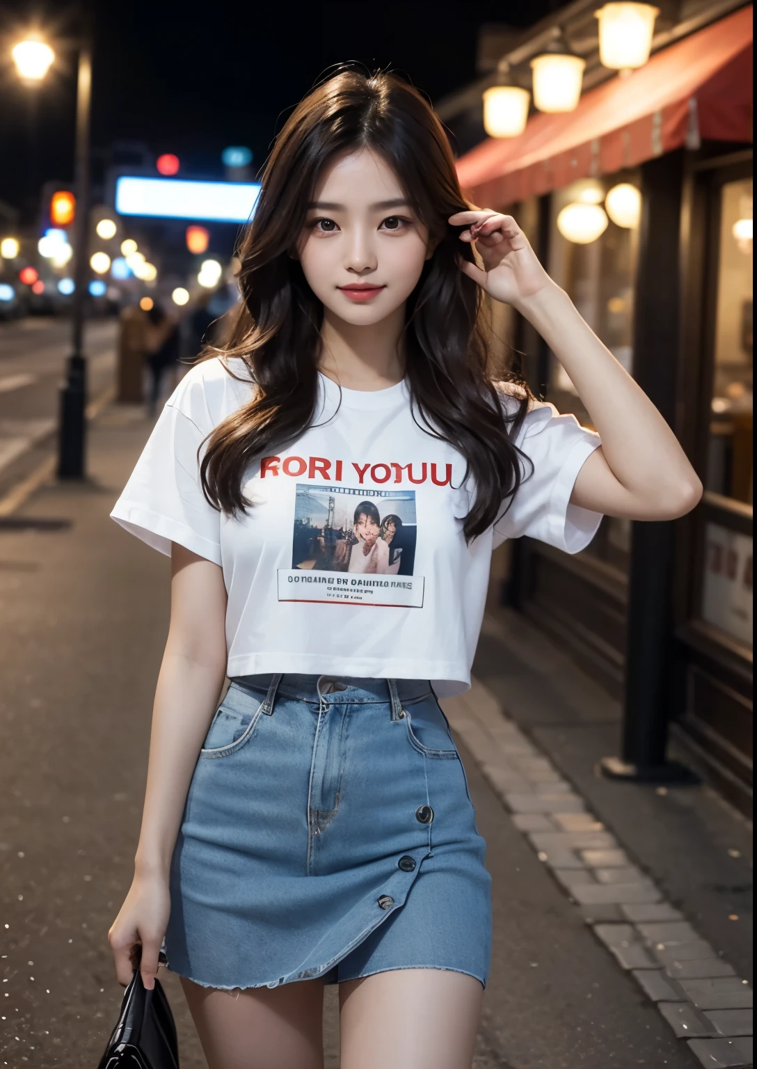 a beautiful korean girl wearing a "I Love You" Text in English on t-shirt, standing in front of a restaurant, detailed beautiful face with striking eyes and lips, long silky hair, elegant pose, vivid colors, dramatic lighting, intricate details, photorealistic, cinematic composition, masterpiece, tight skirt, above knee length skirt, upper body shot, beautiful restaurant, beautiful street , stylish poses, stylish look, smile, rose on hand