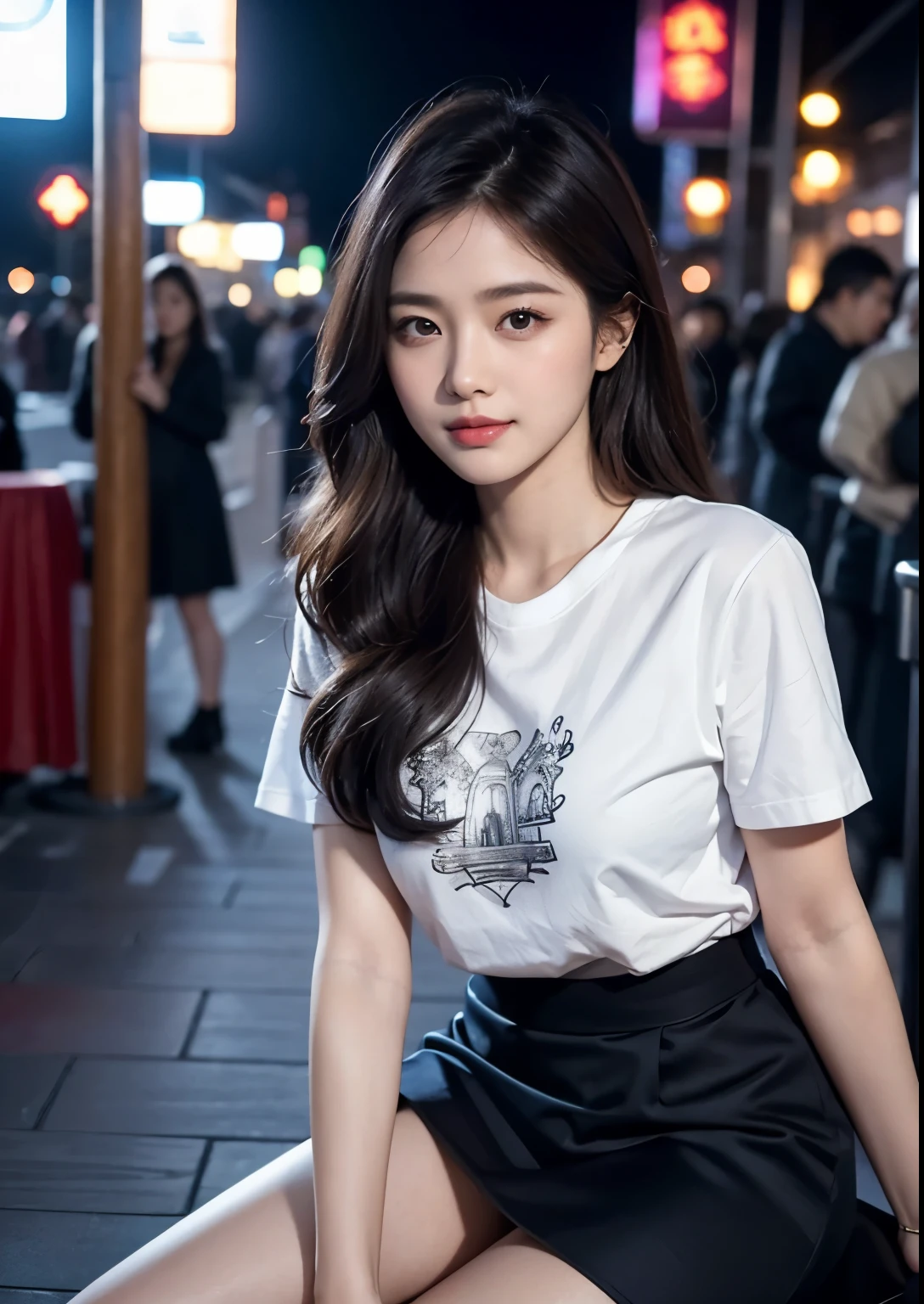 a beautiful korean girl wearing a "I Love You" Text in English on t-shirt, standing in front of a restaurant, detailed beautiful face with striking eyes and lips, long silky hair, elegant pose, vivid colors, dramatic lighting, intricate details, photorealistic, cinematic composition, masterpiece, tight skirt, above knee length skirt, upper body shot, beautiful restaurant, beautiful street , stylish poses, stylish look, smile, rose on hand