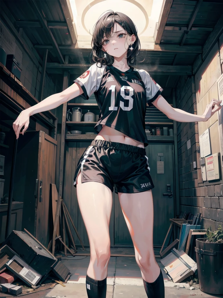 volleyball Jersey, shorts, midriff, absurdres, RAW photo, extremely delicate and beautiful, masterpiece, Best Quality, ultra high resolution, 32k, hyperrealistic, ultra-detailed, perfect figure, tearful mole, earring, whole body shot, short medium hair, wavy hair,
