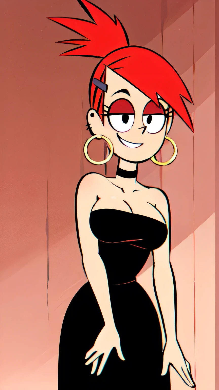 frankie foster, FostersStyle, red hair, strapless, black eyes, black dress, gold hoop earrings, sexy posing, hair clip, standing, medium breasts, ponytail, seductive smile, cowboy shot, masterpiece, looking at viewer