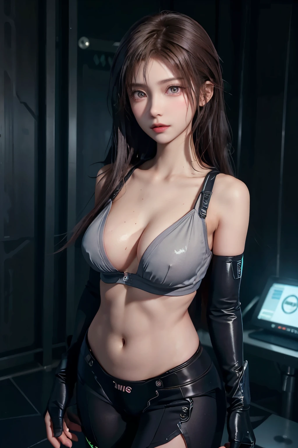 girl, full body, standing, 20 years old, smart body, brown hair, medium hair, wave hair, cyber punk suit, high detailed real eye, high quality eye, double eyelid, beautiful tits, high detailed real nipple, beautiful vagina, high detailed real skin, high quality skin, sweaty skin, professional lighting, real shadow, masterpiece,