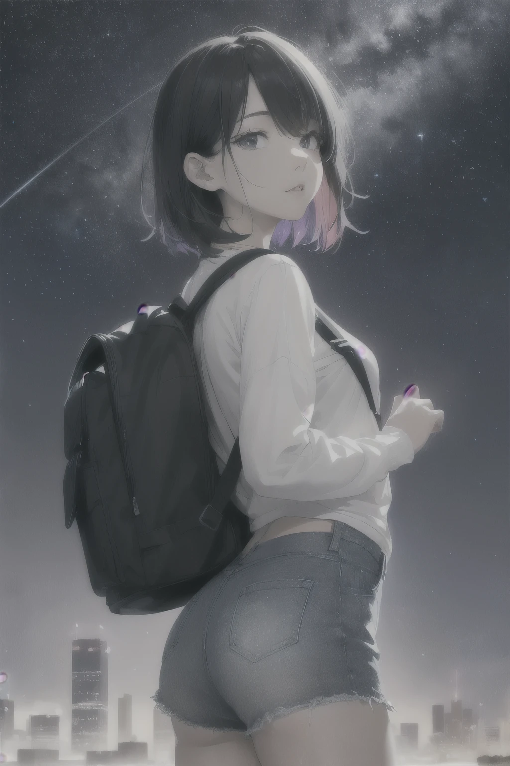 (beautiful and magnificent skyline, majestic sky), (extremely tense and dramatic pictures, moving visual effects), (high hanging Polaris, colorful natural light), (1girl), (long-sleeved top, denim shorts, carrying a backpack), (dynamic pose:1.3, black eyes, black hime-cut hair, sparkling girl)Close-up of face、Close ~ eyes、Starry sky background、
I close my eyes and can't see anything, it's sad, but when I open my eyes there is nothing to see other than the road heading towards the wilderness Ah, you shattered stars of destiny, please at least secretly shine on me I go, with pale cheeks I go, farewell Subaru As I breathe, the cold wind continues to howl in my chest, but my heart is hot and I continue to pursue my dreams Ah, you nameless stars that roar, please at least end your bodies vividly I go too, I go as my heart commands, farewell Subaru Ah, someday someone will walk this road Ah, someday someone will walk this road I will go, with pale cheeks I go, farewell Subaru I go, farewell Subaru