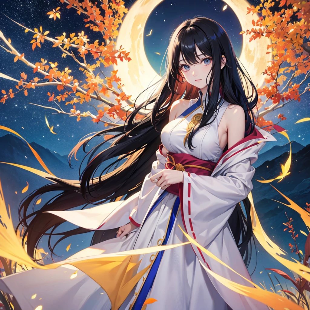 anime、Vibrant colors、Cool beauty、27 years old、Black Hair、Long Hair、Straight Hair、The bangs are cut above the eyebrows、Narrow eyes、Slanted Eyes、Bright eyes、Sharp Eyes、Sparkling eyes、Large Breasts、Night Sky、full moon、Looking up at the sky、Miko costume、summer、forest、river、100 fireflies flying around