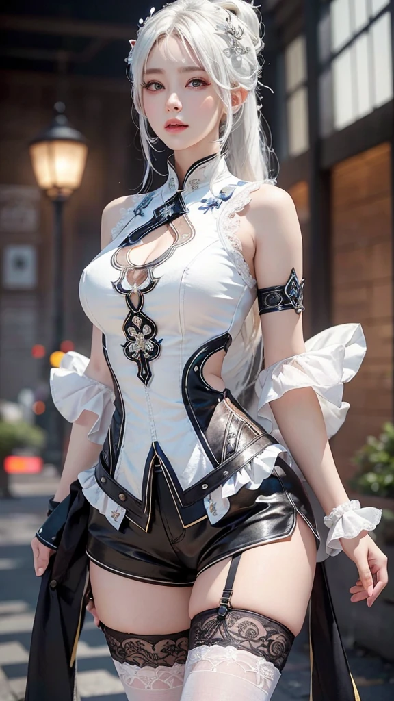 a white hair、Close-up of woman wearing white mask, beautiful figure painting, guweiz, Gu Weisz style artwork, White-haired god, author:Yang Jie, Epic and beautiful character art, Stunning character art, author:Fan Qi, by Wuzhun Shifan, guweiz on pixiv artstation street, Single ponytail, Insult, High Ponytail, Tall stature, Long legs, (sleeveless lace shirt), (shorts), (Striped )), ((Striped )), Walk, elegant, dignified, Feminine, Beautiful curves, sweet smile, Strong sense of detail and layering, color丰富绚丽, Has a unique texture, rich and colorful, color, vivid, Design Art, 16K, Super detailed, {{illustration}}, {extremely delicate and beautiful}, {Delicate finish}, Super detailed, Delicate and shining eyes, {{light}}, 极致light效果, Model: realism, CFG scale: 12, Lola: Bright texture (1.35), high quality, masterpiece, Exquisite facial features, Delicate hair depiction, Detailed depiction of eyes, masterpiece, best quality, Ray tracing, Extremely detailed CG unified 8k wallpaper, masterpiece, best quality, (1 girl), Perfect female body, (((Skinny white T-shirt))), beautiful eyes, (Delicate face), Black short hair, hair tied up, Light blue hairpin, Black Silk Frame Glasses, In class, (White skin), (Optimal lighting), (Super intricate details), 4k unity, (Super detailed CG), Showing off her white legs, , Hot Pants, shorts,