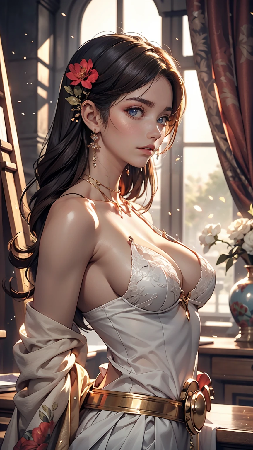 masterpiece, highest quality, Official Art, Highly detailed CG Unity 8k wallpaper: 1.8) Browsing Caution, nude, chest, Areola,,, Alphonse Mucha style