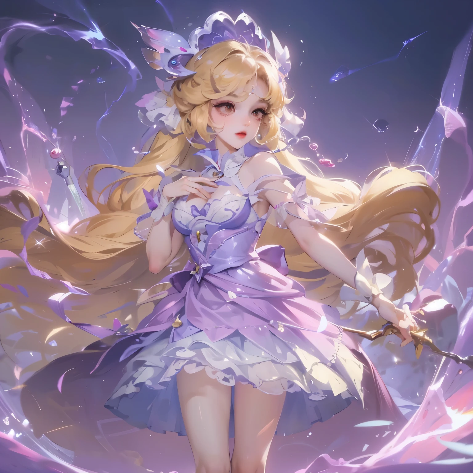((masterpiece)),high quality,Extremely detailed,blonde+White clothing:1.2,Sweet and delicate girl,Bijay,ta prostitute,Exquisite facial features,Perfect body,face adorned with pearls,There are bubbles around,Colorful and bright,Romantic long hair,Natural light,Warm and sweet,Brown eyes,Gorgeous hair decoration,Pink clothing