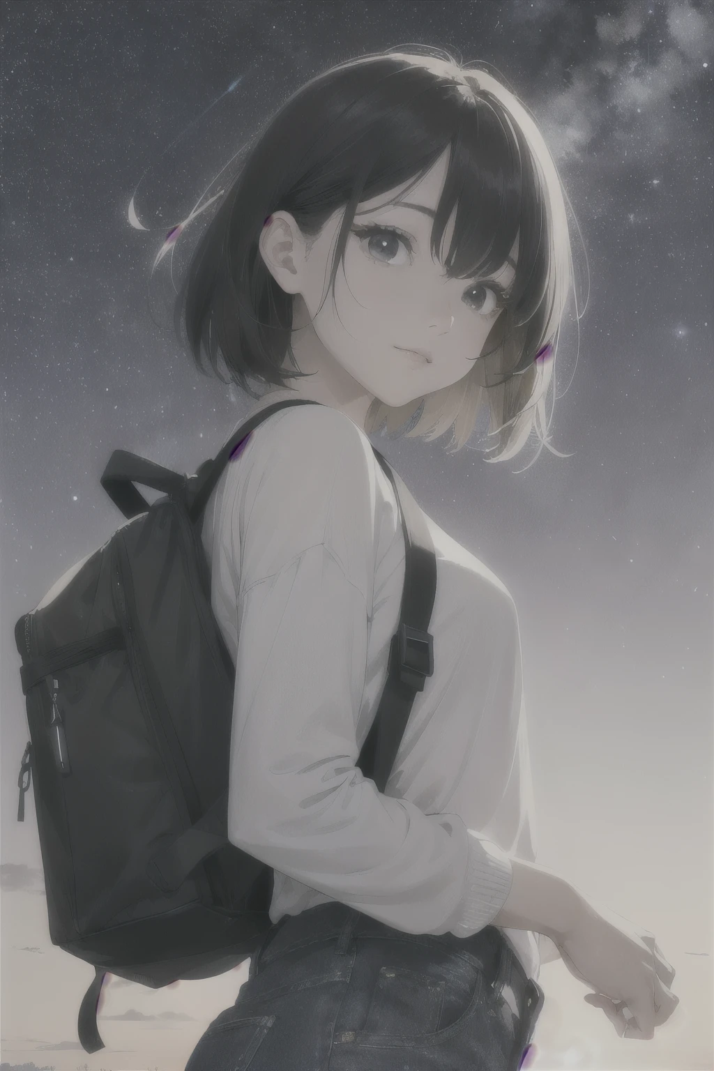(beautiful and magnificent skyline, majestic sky), (extremely tense and dramatic pictures, moving visual effects), (high hanging Polaris, colorful natural light), (1girl), (long-sleeved top, denim shorts, carrying a backpack), (dynamic pose:1.3, black eyes, black hime-cut hair, sparkling girl)Close-up of face、Close ~ eyes、Starry sky background、
I close my eyes and can&#39;t see anything, it&#39;s sad, but when I open my eyes there is nothing to see other than the road heading towards the wilderness Ah, you shattered stars of destiny, please at least secretly shine on me I go, with pale cheeks I go, farewell Subaru As I breathe, the cold wind continues to howl in my chest, but my heart is hot and I continue to pursue my dreams Ah, you nameless stars that roar, please at least end your bodies vividly I go too, I go as my heart commands, farewell Subaru Ah, someday someone will walk this road Ah, someday someone will walk this road I will go, with pale cheeks I go, farewell Subaru I go, farewell Subaru