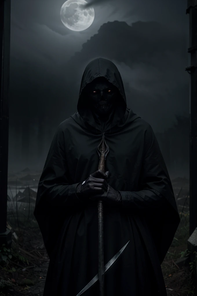 best quality,highres),detailed reaper with scythe,ominous atmosphere,dark fantasy,gothic style,heavy shadows,misty fog,moonlit night,rustling leaves,sinister presence,mysterious figure,sharp sickle,hooded cloak,ethereal glow,ominous sky,chilling wind,ominous aura,gloomy setting,whispering echoes,haunting landscape,spectral beauty,color contrast,dramatic composition,spooky vibes,dark image.