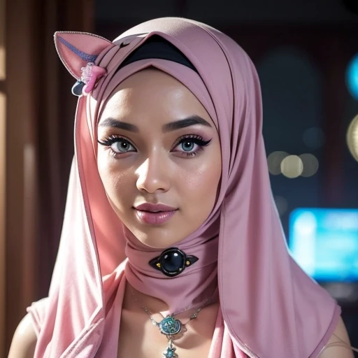 Design a surrealistic portrait of the Malay woman in her white dragon queen ensemble with hijab, with a mirror-like surface reflecting the neon hues below, creating a mesmerizing and dreamlike atmosphere.