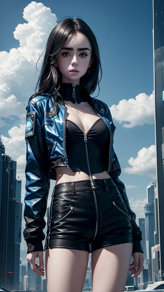 Lily Collins,Tall stature,skin,Top shorts,Black shorts,Buttons,zipper,Complex workmanship,icon,company logo,Emit blue light,background,Future Technology,Cyberpunk City,,big gear,Wind,Blue sky and white clouds,