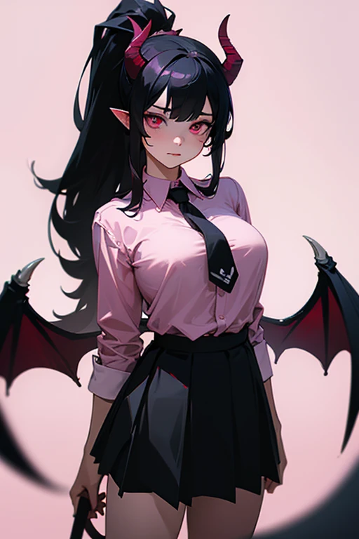 Expressive eyes, Perfect face a demon girl, ((demon horns)), ((demon wings)), demon tail, ((photorealistic)),realistic,cowboy shot, masterpiece, best quality, ultra high res,face_focus,looking at viewer, 1girl,(solo), (big breasts),black hair, long hair, (ponytail), (pink eyes:1.2), beautiful, extremely detailed face, president shirt, red school shirt, black skirt, socks, tall body,