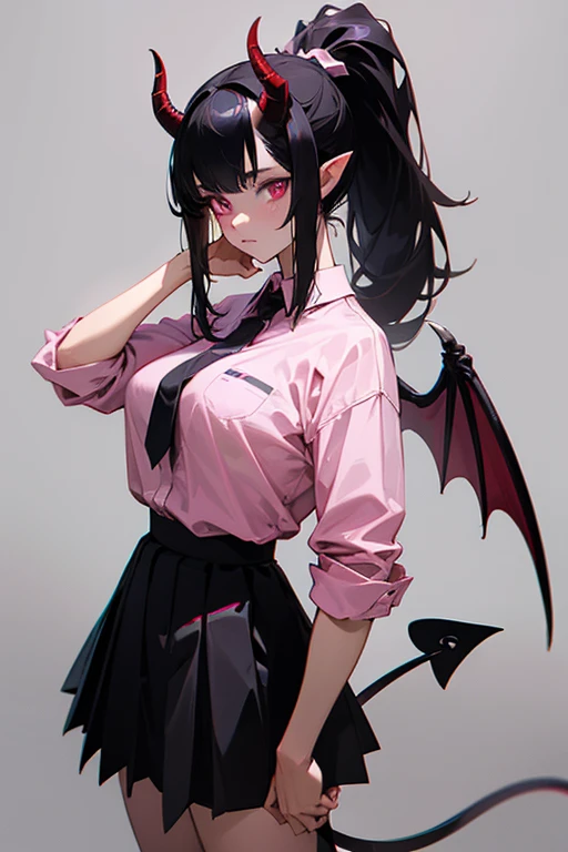 Expressive eyes, Perfect face a demon girl, ((demon horns)), ((demon wings)), demon tail, ((photorealistic)),realistic,cowboy shot, masterpiece, best quality, ultra high res,face_focus,looking at viewer, 1girl,(solo), (big breasts),black hair, long hair, (ponytail), (pink eyes:1.2), beautiful, extremely detailed face, president shirt, red school shirt, black skirt, socks, tall body,