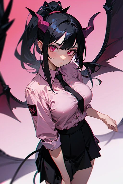 Expressive eyes, Perfect face a demon girl, ((demon horns)), ((demon wings)), demon tail, ((photorealistic)),realistic,cowboy shot,  masterpiece, best quality, ultra high res,face_focus,looking at viewer, 1girl,(solo), (big breasts),black hair, long hair, (ponytail), (pink eyes:1.2), beautiful, extremely detailed face, president shirt, red school shirt, black skirt, socks, tall body, 