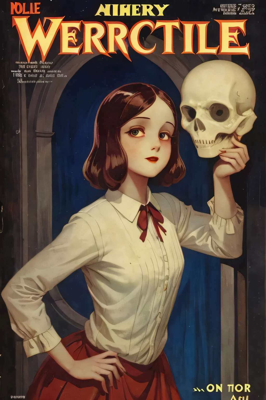 cover mistery magazine weird tale full lenght girl, cute face full lenght , girl pose for cover horror magazine weird tale , magazine age 1933, high quality,