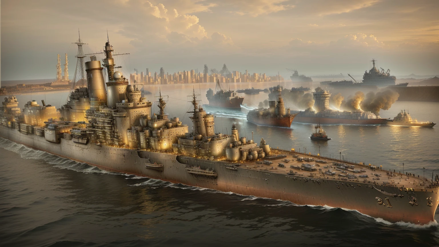 Arafed ship in the water with the city in the background, dieselpunk city norilsk, detailed in high resolution, computer graphics, super very detailed, high resolution details, very very high detail, heavy part, Warships, Realistic warship design, very detailed and high quality, Incredibly high detail, Naval landscape, High resolution and detail, highly detailed in high resolution