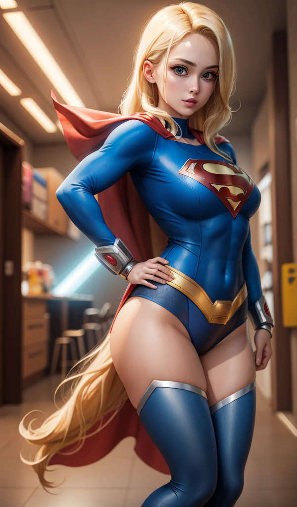 4k, Practical, Attractive, Very detailed, There is a girl in heaven, Wearing super costumes, She's Super Girl, Superhero Theme, Blonde Hair, 25 years old, whole body