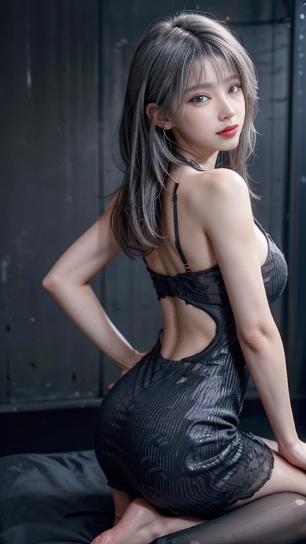 ((SuperiorQuality, 8K, tmasterpiece: 1.5)), Pubic area is clear: 1.2, Perfect body beauty: 1.4, Sexy nurse uniform,Gray hair,choker necklace,Bracelet,wetted skin, Clear liquid splashed on the body, Crawling kneeling position,Back pose,Back pose,Ass pouted,Ass pouted,Film texture,Shooting angle,Lower right corner