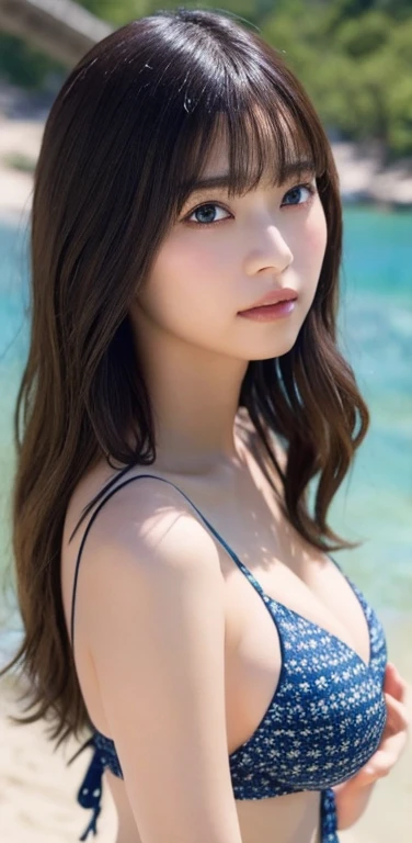 masterpiece, highest quality, 8k, 20th generation, Big Breasts, cute, alone, sad, cute, Girlish,cute 繊細な女の子, cute、Pure beauty, RAW Photos, Professional photography, Portraiture, Soft Light, Professional Lighting, Backlight, Upper Body, avert your eyes, Sophisticated, Film Grain, (Eye and facial details:1.0), Round face、Floating Hair, beautiful, Flowing hair, Asymmetrical bangs、(Big Breasts:1.0)、Navy blue micro bikini、Voluptuous thighs、dolly make、Heterochromia iridis、Midsummer sky、Cumulonimbuidsummer Beach