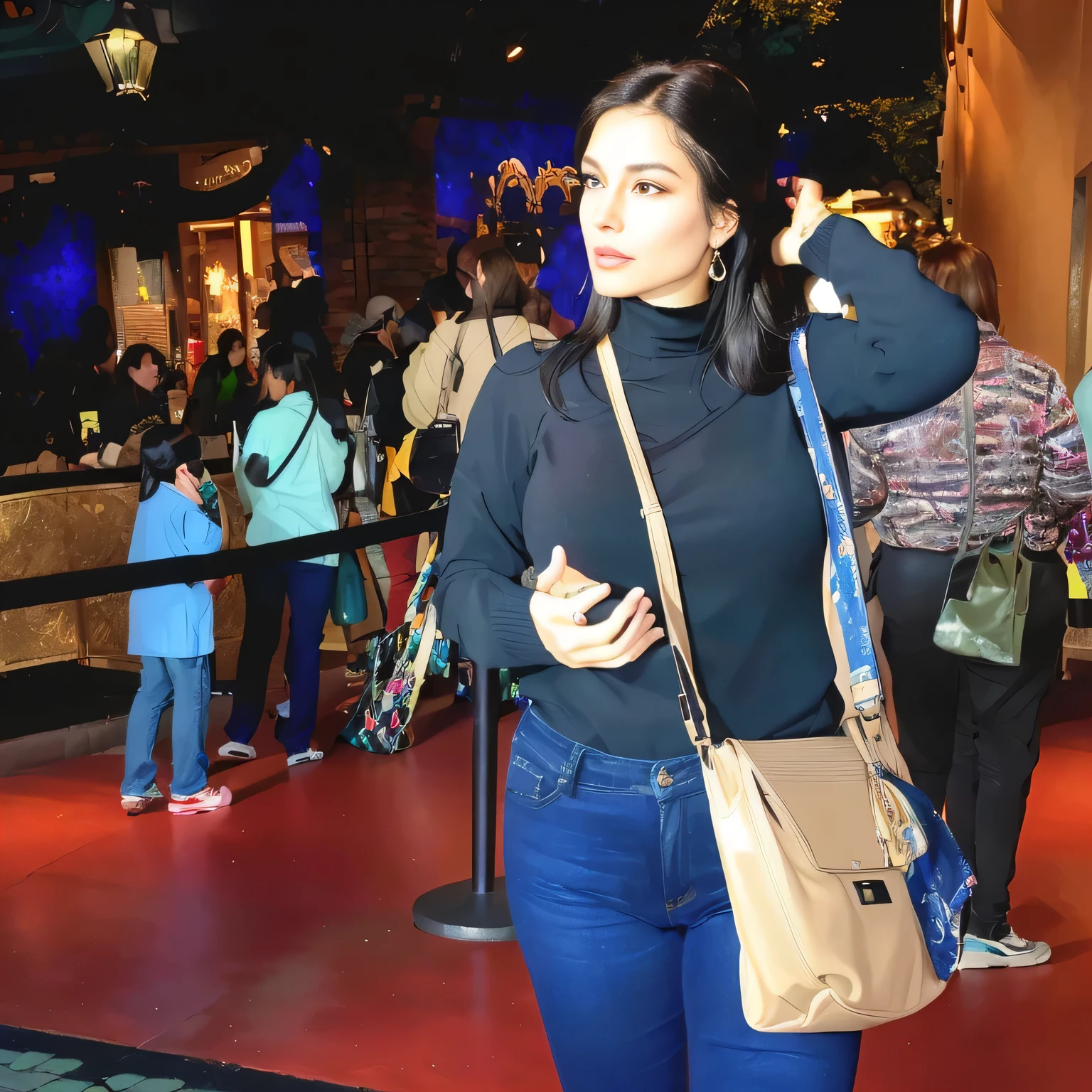 A beautiful Brazilian woman with tanned white skin and medium length dark hair in blue jeans and a black turtleneck shirt holding a beige bag, candid photo, full body, over the shoulder photo, full body profile photo, full body photo close-up, over-the-shoulder shot, dressed casually at Disney Spring, full-length shot, distant full-length shot, standing in the center of a city, Disney Spring, wearing a black turtleneck sweater. She is around 40 years old, is 162 cm tall and her body weighs 56 kg. Her body exudes glamor and her face is a definition of beauty. Slender body, thin waist. Highly realistic, hyperrealism, very elaborate skin, hyperrealism, high quality photo. Full Body Photo, Sharp Photo, High Resolution, High Quality, Masterpiece, 16K Photo, Sharp, High Contrast, Masterpiece, (Photographically Realistic), 16k, NUDE, NUDITY, NFSW.