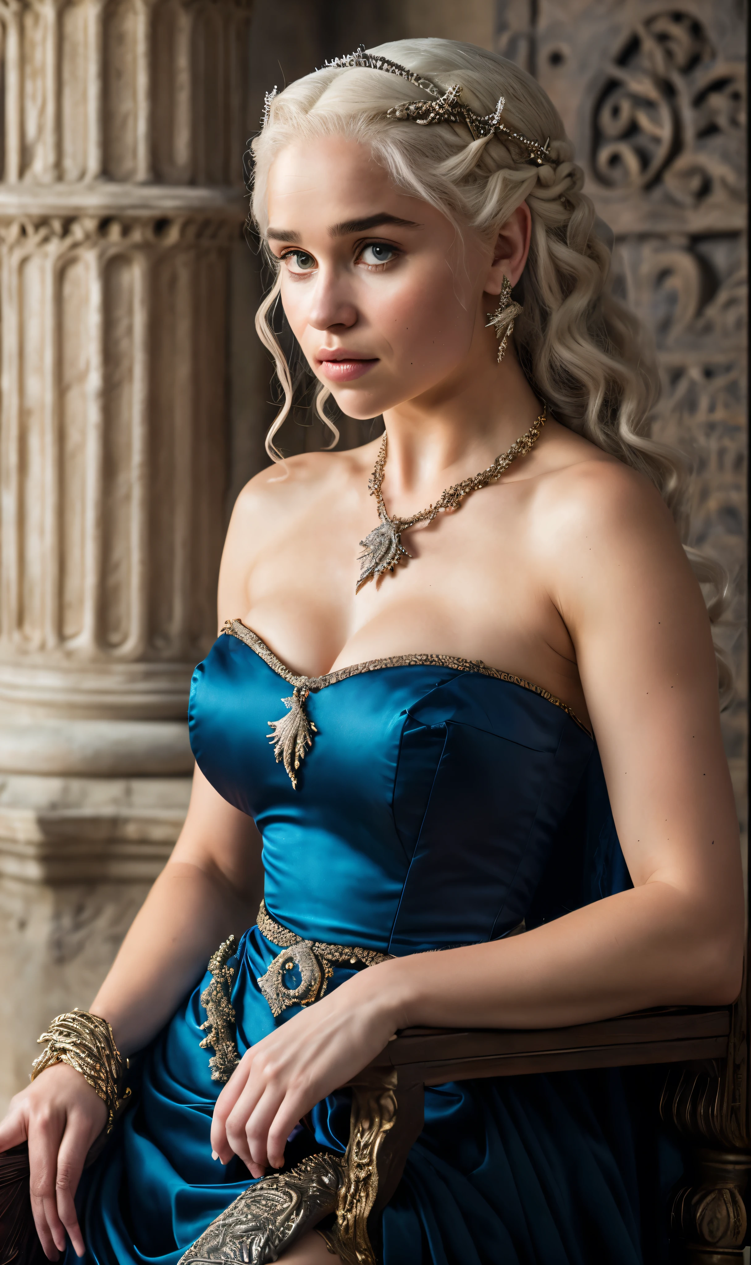 Royal Satin dress, Perfect eyes, flawless Beauty, pierced eyes, Masterpiece, Daenerys Targaryen, Gorgeous woman, queen, Queen Lady, Princess of Dragonstone, black mole on breast, The Unburnt, Queen of Meereen, Queen of the Andals, the Rhoynar and the First Men (claimant), Protector of the Seven Kingdoms (claimant), Khaleesi of the Great Grass Sea, Breaker of Shackles, Mother of Dragons, The One Who Was Promised, Lady of Dragonstone , 45 years Old, she is a Full growned lady now, beautiful mature lady, the queen, milf beauty, mature queen, Best quality, a small, charming Beauty, a captivating woman, fully ripen milf body, lustful queen, alluring appearance, unrivaled beauty, wonderful breasts, large breasts, mediaeval erotic costumes, a Game of Thrones-inspired costume, a close-up of a woman from the middle ages, Daenerys Targaryen, Daenerys, resembles Emilia Clarke, Emilia Clarke, scene from "Game of Throne," deep cleavage, warrior princess, healthy body, perfect thick body, attractive figure, fleshy body, style of "Game of Throne," beautiful lady, beautiful woman, mediaeval clothes, stunning woman, 8K, insane details, dress made of clothes and jewelry, perfect hair, styled hair, high clarity eyes, perfect hands, perfect fingers, perfect eyes, skin texture, skin pores, veins, sweat, shining skin, hyper realistic skin, beautifully styled hair,