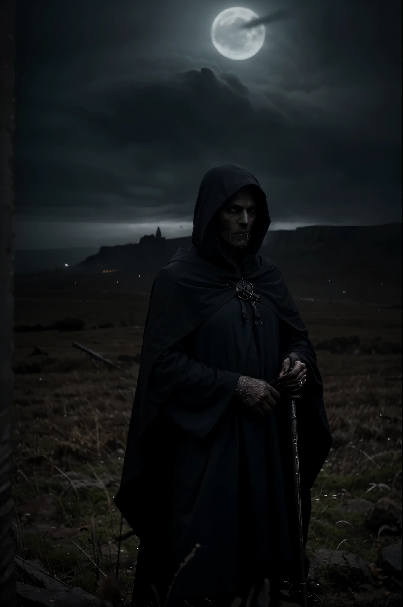 best quality,highres),detailed reaper with scythe,ominous atmosphere,dark fantasy,gothic style,heavy shadows,misty fog,moonlit night,rustling leaves,sinister presence,mysterious figure,sharp sickle,hooded cloak,ethereal glow,ominous sky,chilling wind,ominous aura,gloomy setting,whispering echoes,haunting landscape,spectral beauty,color contrast,dramatic composition,spooky vibes,dark image.