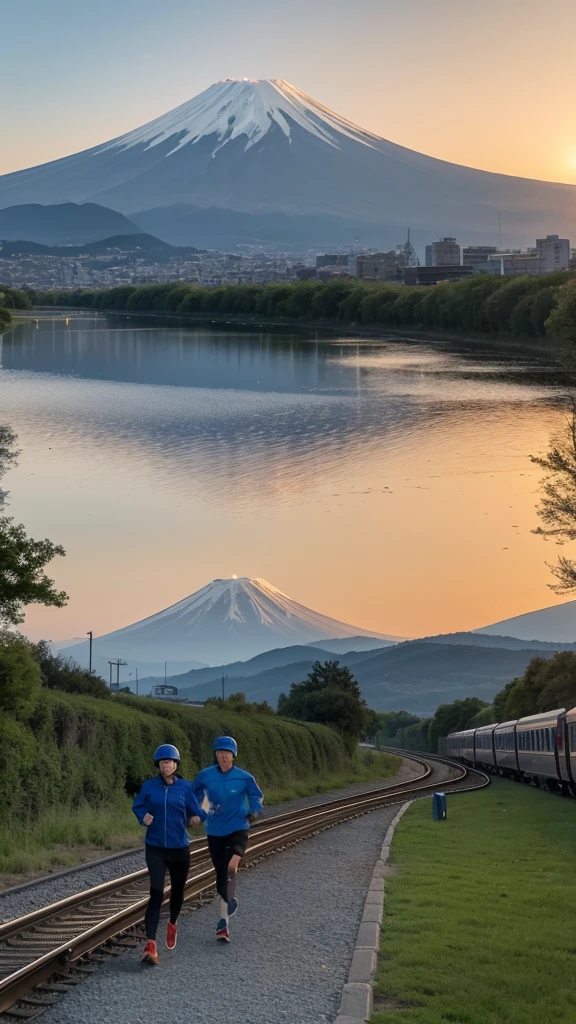 Riverbank along the railway line、25-year-old Anya-faced mother(160cm B100 w55 H105)My son, dressed in blue and baseball style, is jogging.、My son starts racing against a red suburban express train.、The mother chases after him in a hurry、In the evening, just before sunset、Mount Fuji looks small、high resolution、Semi-realistic image、