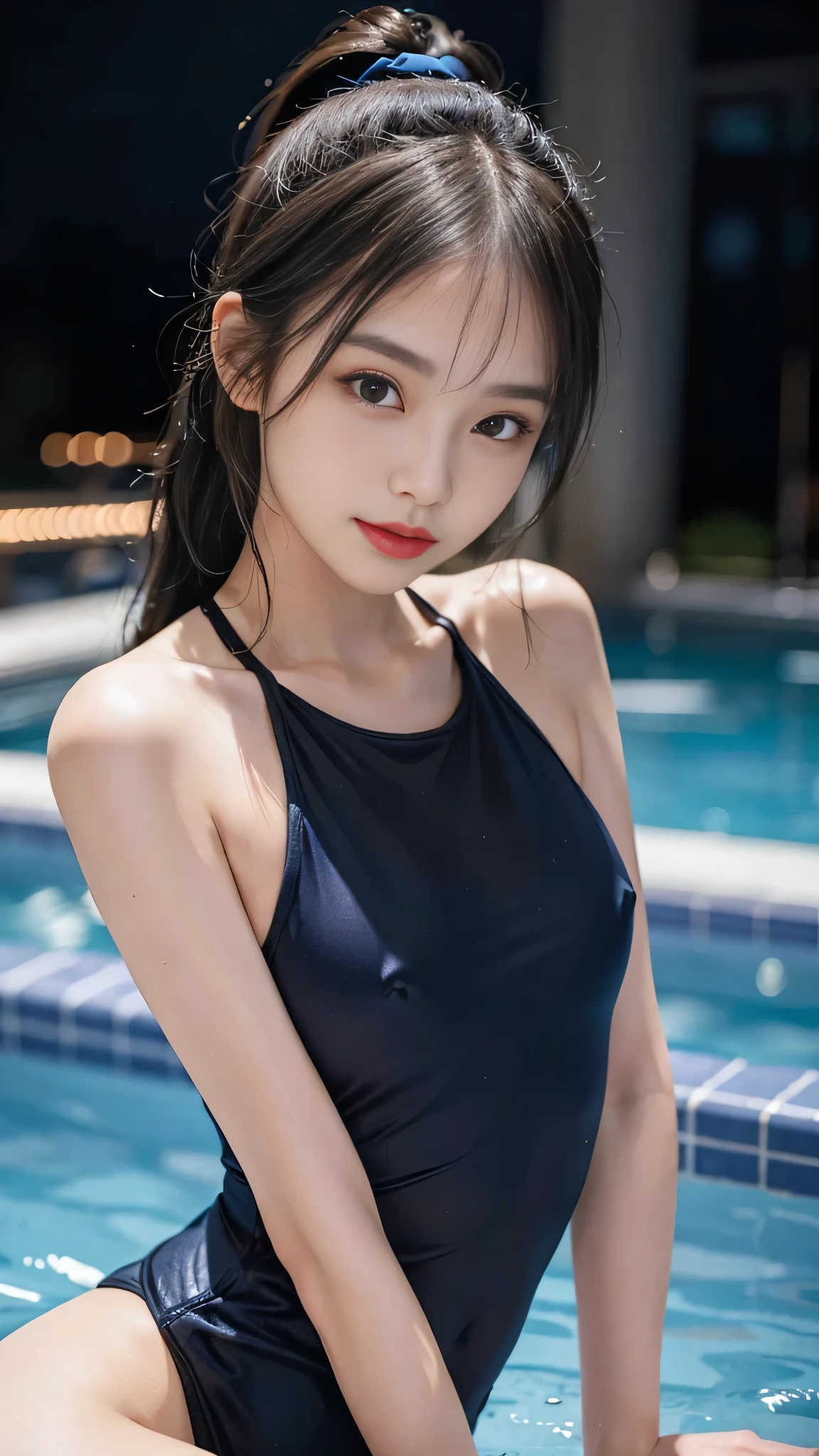 night,It's dark outside,Resort Pool lit up with neon lights at midnight,school navy blue one-piece swimsuit,Close up face,One woman,masutepiece, The highest image quality, High quality, the background is clear,Beautiful woman, Japanese, Detailed, Detailed eyes, Detailed skin, Beautiful skin, 超hight resolution, (reality: 1.4),Very beautiful woman, Slightly younger face, Beautiful skin, slender, (Ultra photo realsisim), (hight resolution), (8K), (Very detailed) (beautifully detailed eyes), (super detailed), (Detailed face), view the viewer, Fine details, Detailed face, Staring straight ahead, Staring straight ahead, photos realistic, Bright lighting, Professional Lighting, Black hair,poneyTail,a baby face,fifteen years old,Hairstyle: ponytail,Long ponytail hairstyle,slight smile,neat and tidy clothing,Beautiful Japanese KPOP idol photo, hair style is ponytail, my eyes are double and wide, baby face, smile and look straight ahead, slender, small breasts,Close up face,