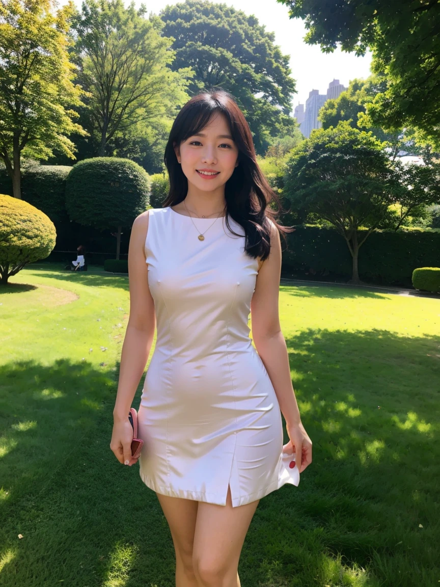 (RAW Photos:1.2), (Realistic:1.4),Beautiful detailed woman,非常にFine grainと顔, Fine grain, Very detailed,High resolution, Very detailed,highest quality,Awareness-raising,Unified,8k wallpaper,masterpiece,highest quality,1 female,alone,rich,Whole Body Ezbian,(A little chubby:0.9),Toned figure,,Narrow waist,alone,(Pink one piece suit,mini skirt,High heels),Jewelry Necklace Medium Long Hair,A kind smile,A dignified atmosphere,black eye,Realistic,Central Park , (Morning Park:1.1)