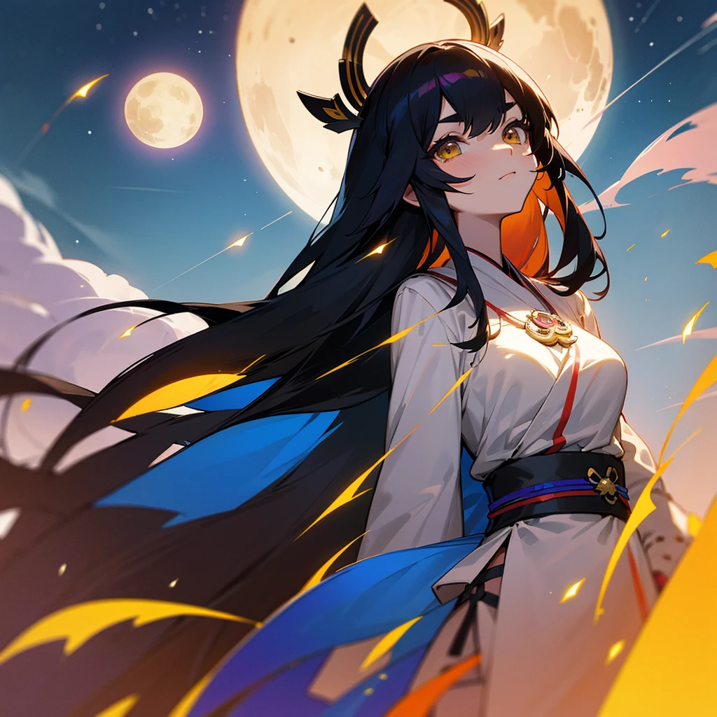 anime、Vibrant colors、Cool beauty、27 years old、Black Hair、Long Hair、Straight Hair、The bangs are cut above the eyebrows、Narrow eyes、Slanted Eyes、Bright eyes、Sharp Eyes、Sparkling eyes、Large Breasts、Night Sky、full moon、Looking up at the sky、Miko costume、summer、forest、river、100 fireflies flying around