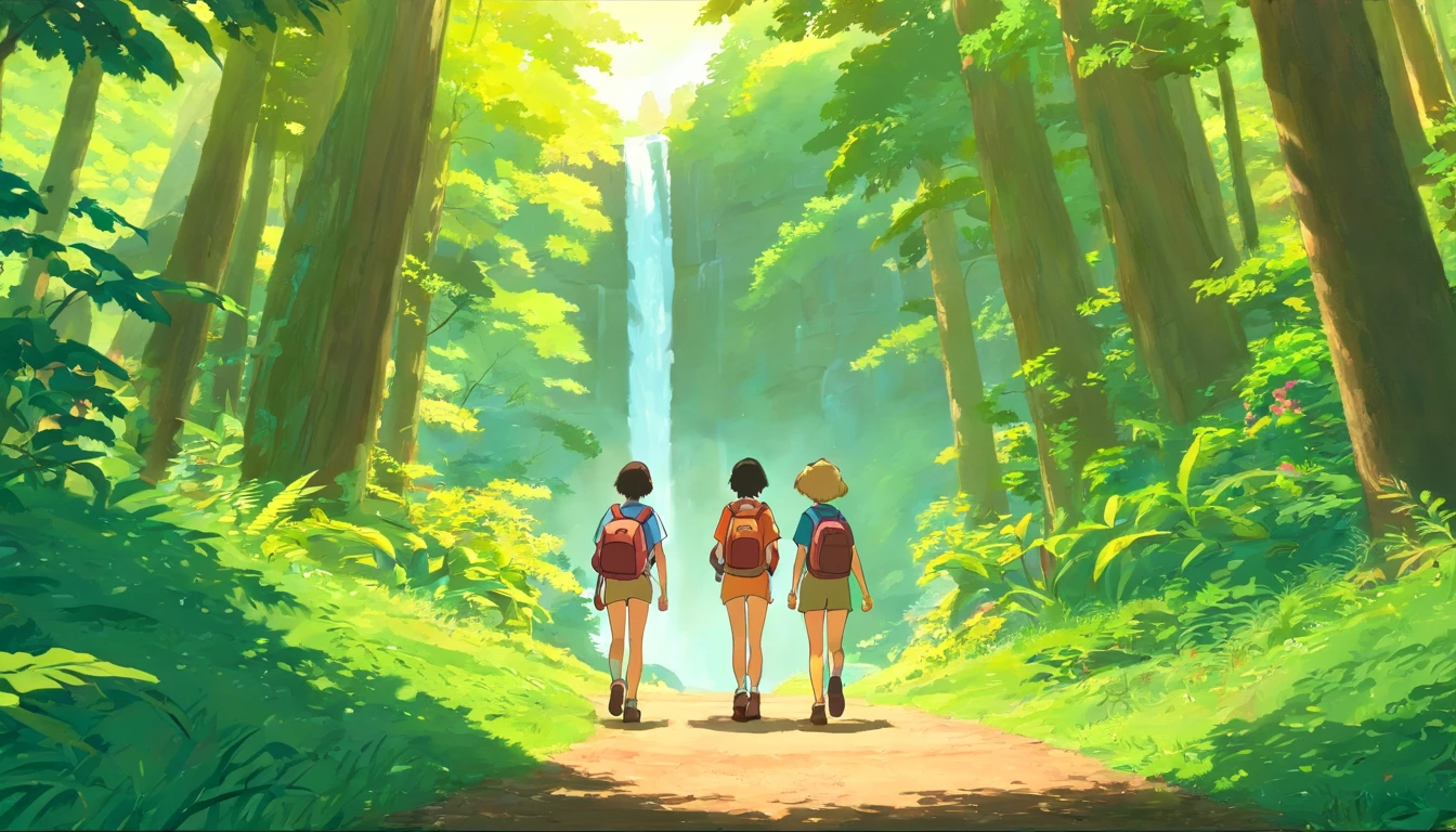 Create an image of a group of young people in Lofi style hiking in a forest near a waterfall. They should be dressed in comfortable, comfortable clothing suitable for the walk, and some may be wearing headphones, immersed in their music. Young people should appear relaxed and happy, enjoying the nature around them. The trail should be surrounded by tall trees and dense vegetation, with sunlight filtering through the leaves. Add details like backpacks, water bottles, and perhaps a dog accompanying the group.