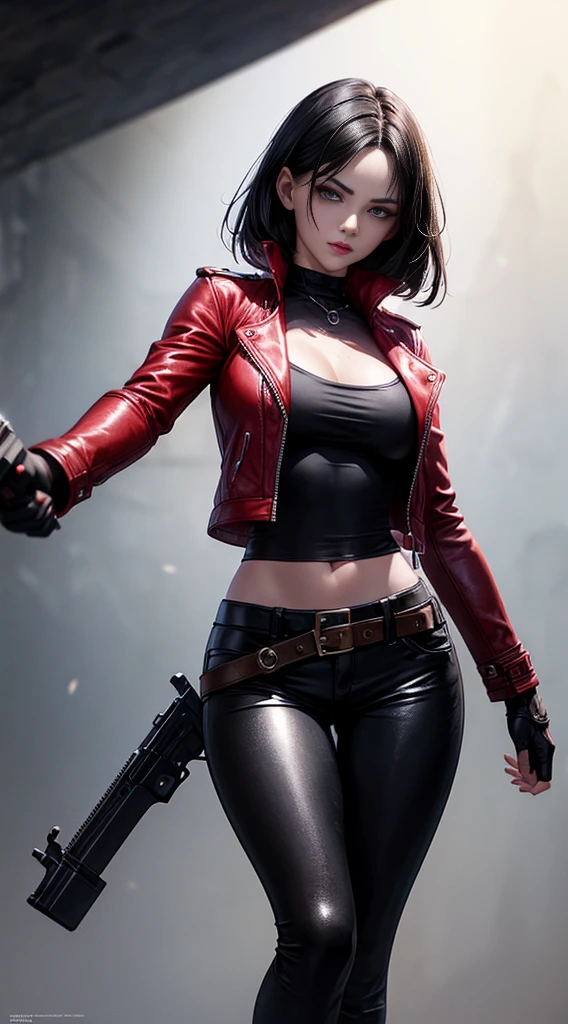 A beautiful 25-year-old British female vampire mercenary，She has short black hair, Pale skin, Wearing a red leather jacket and black leggings, holding a double gun, Front view, Waist Up, Dynamic poses, Ambient Lighting, Photo realism, Intricate facial details, Intricate hand details, Very detailed, Vibrant colors, Movie, HD, Trending on Artstation - Primitive Style