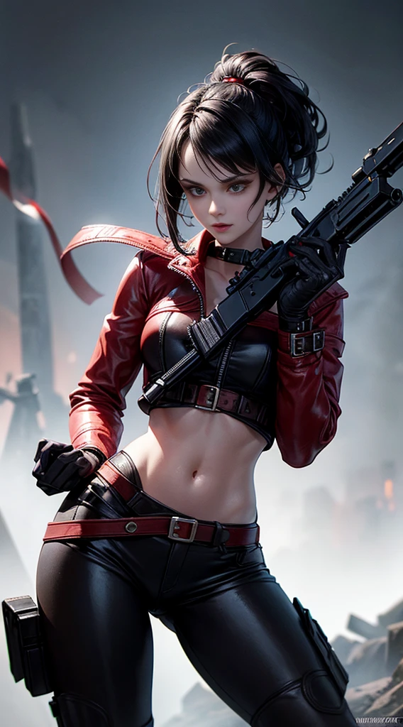 A beautiful 25-year-old British female vampire mercenary，She has short black hair, Pale skin, Wearing a red leather jacket and black leggings, holding a double gun, Front view, Waist Up, Dynamic poses, Ambient Lighting, Photo realism, Intricate facial details, Intricate hand details, Very detailed, Vibrant colors, Movie, HD, Trending on Artstation - Primitive Style