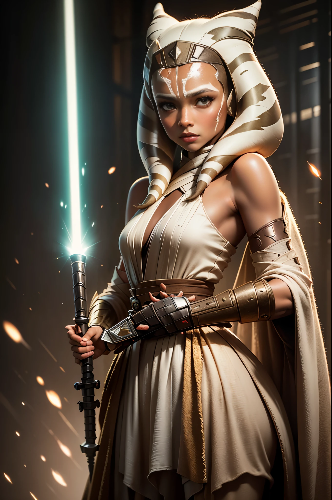 white dress holding a light saber, portrait of ahsoka tano, cal kestis lightsaber wallpaper, female jedi, ahsoka tano, jedi with light saber, holding a lightsabre. splash art, with lightsaber sword, jar jar binks as a sith lord, rey, star wars character, jedi knight, by Jason Felix
