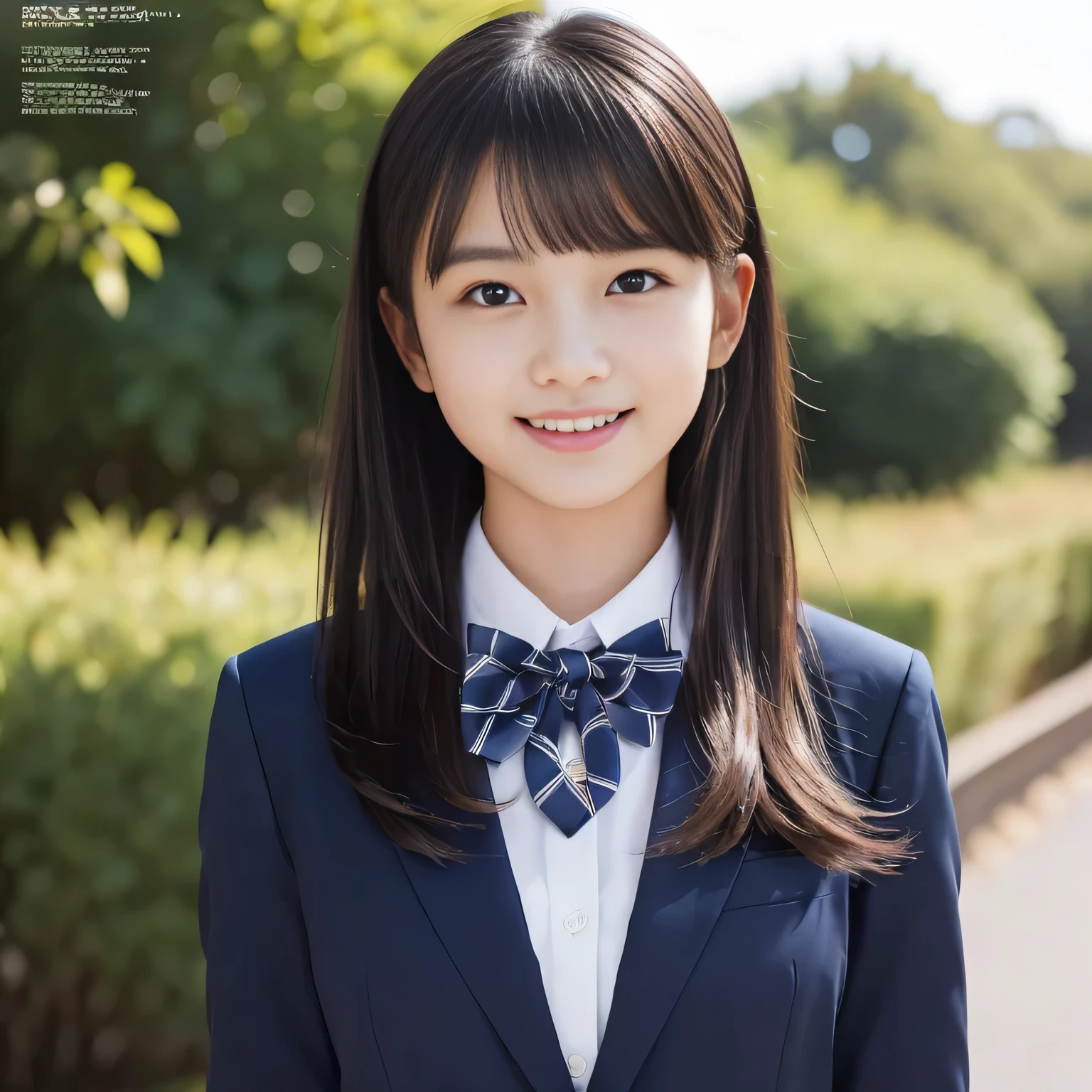 (highest quality, masterpiece:1.2), highest quality, Realistic, photograph, High resolution, 1080p, 8K, Physical Rendering, ((Height: 158cm)), Japanese girl、((((((A  beautiful Japanese fashion magazine's fashion model is looking straight at the viewer)))))), (((big very detailed beautiful dark brown eyes))), ((((laughing at me!)))), detailed fingers, (((curled blunt bangs))), ((((Very noble and cute eyes, carefully drawn with great attention to detail)))), ((double eyelids)), (((long eyelashes))), ((cute lovely lovely laughing laughing cheeks)), ((The pure white light hits my nose and cheeks. Her eyes and white facial skin shine beautifully white.)), (((((Her facial features are very expressive lovely smile, very sweet, very very intelligent))))), ((((impressive plain navy large school ribbon bow tie in plain)))), ((((black very beautiful and very long hair)))), (blue and navy colored tartan checkered formal long pleated pleated skirt), (((A formal dark blue blazer in solid that is slightly oversized and with a golden emblem))), ((As elegant as a noble princess)), ((Seated on a chair of platform at a rural railway station)), ((Shooting the whole body from the side))