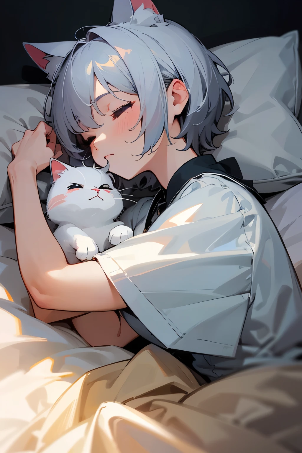 超High resolution, retina, masterpiece, Accurate, Anatomically correct, Rough skin, Very detailed, Advanced Details, high quality, Awards, 最high quality, High resolution, High resolution, 4K,(anime,8k,masterpiece, 最high quality, 最high quality,beautifully、beautiful:1.2,Professional Illustration:1.1,Very detailed:1.3,Perfect lighting),Very detailed,Most detailed,High resolution,Cute pose,Cute boys, Cat ear,Silver Hair,short hair,Upper Body,(Sleep together:1.3).,Close both eyes,1 person
