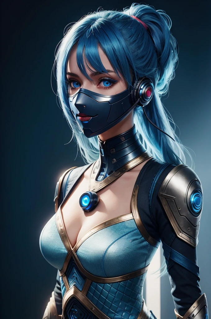 Girl with blue hair, blue eyes, futuristic vibe, Wear a mask on your mouth, earphone, 8K, high quality, Simple background, Glowing eyes, Beautiful posture