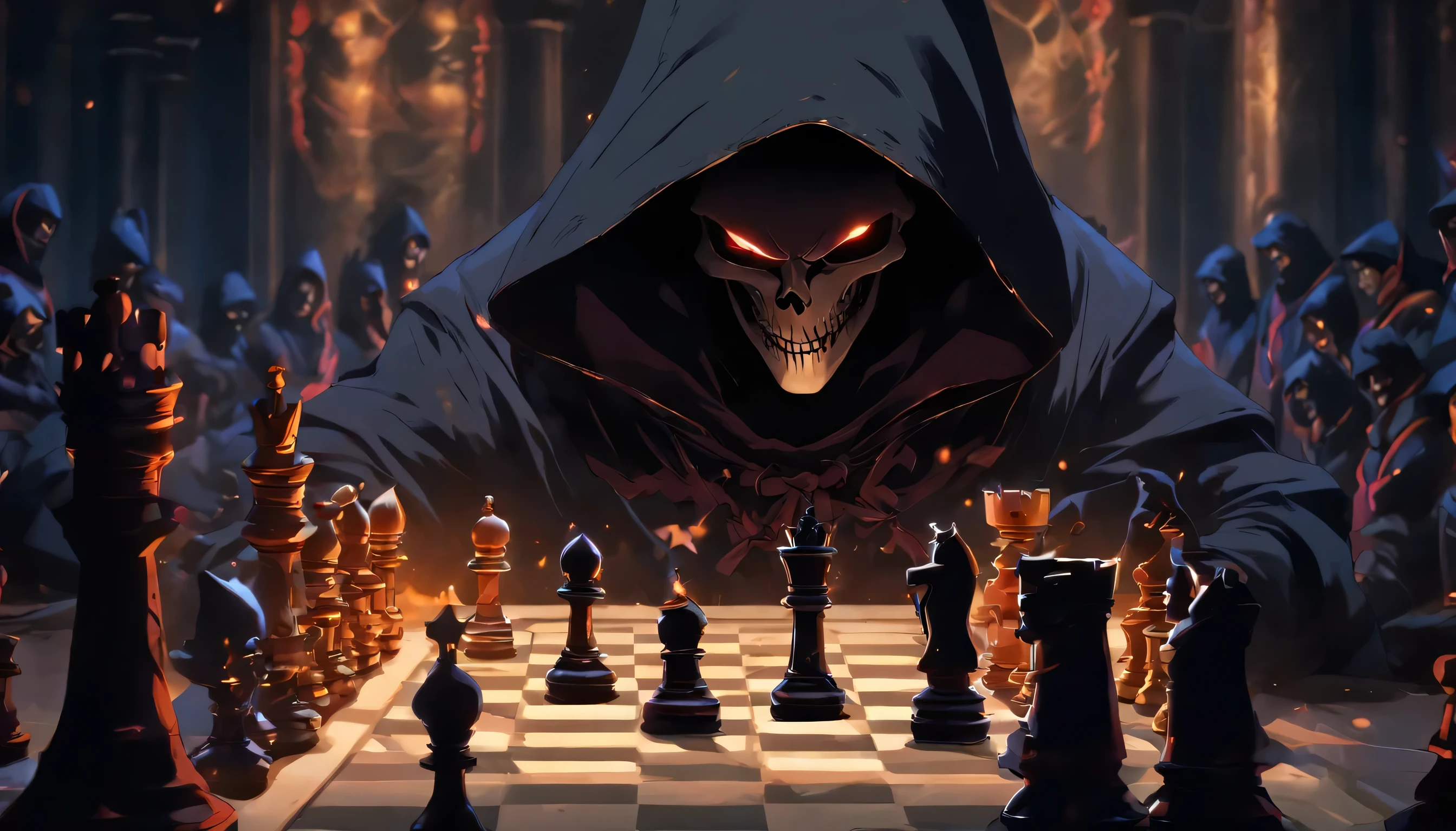 1. death dressed in a black hood and sickle, playing chess, chess duel, chess championship, chess dispute, 2. Angelina Jolie playing chess vs death, duel, 3. chess dispute inside a mysterious hall. 8k, high definition, highly detailed, playing chess, strategy game, chess knight. unreal 5